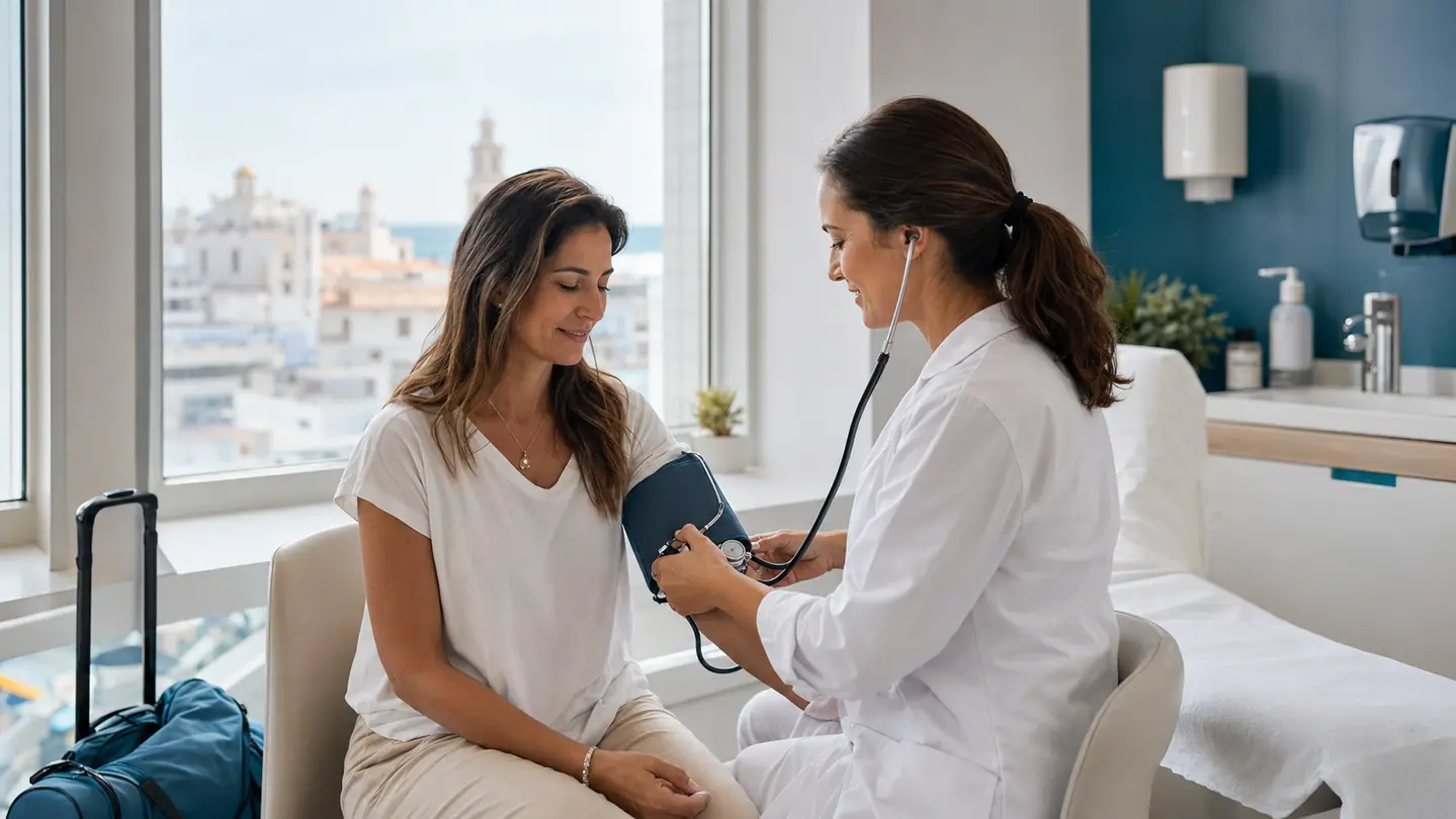 Viajera recibiendo atención médica durante un viaje