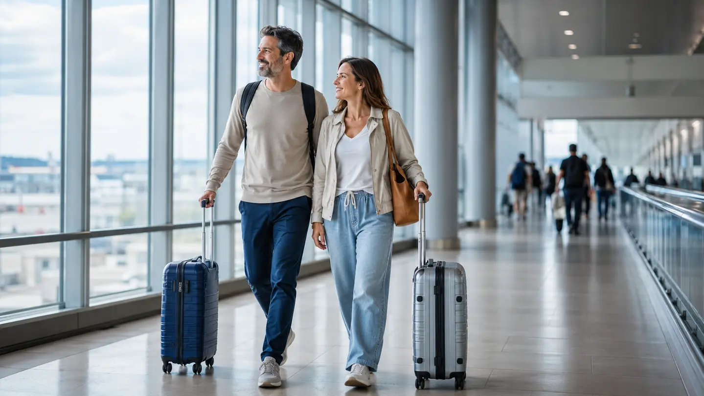 Pareja de viajeros iniciando un viaje con Asistencia al Viajero